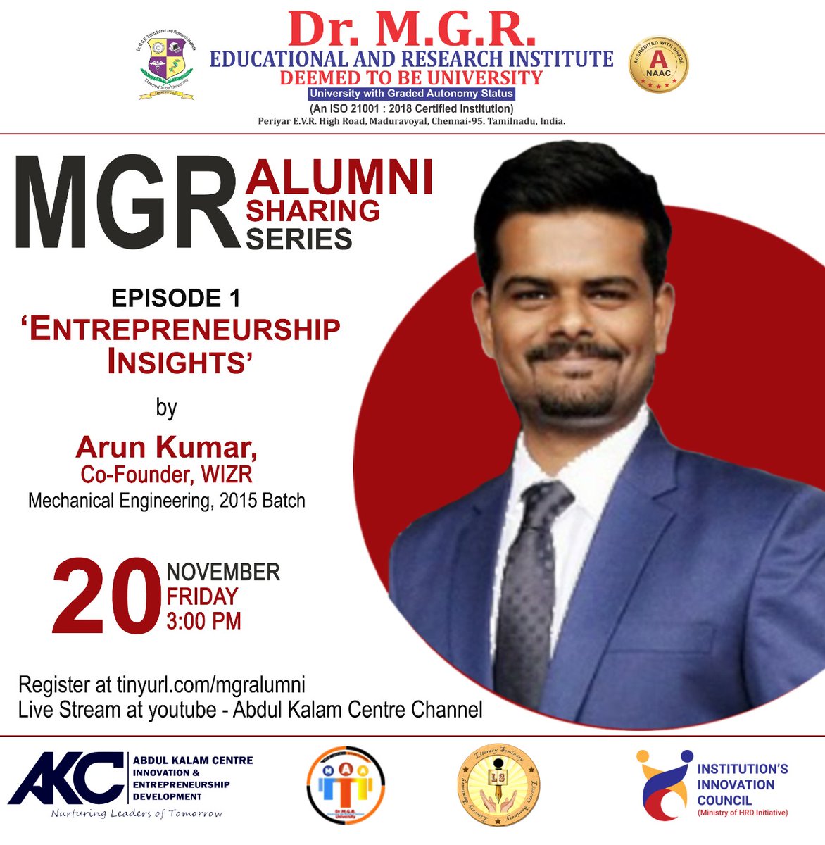 ramavaidy's tweet photo. Do join in to listen to an MGR Alumni - Arun Kumar, Co-Founder WIZR,  share tips on starting up on your own.  Subscribe to Abdul Kalam Center YouTube channel https://t.co/JIeIQMTOda
#MGRUniversity #MGRalumni #Entrepreneurship #Startups https://t.co/MJk7VRAdJZ