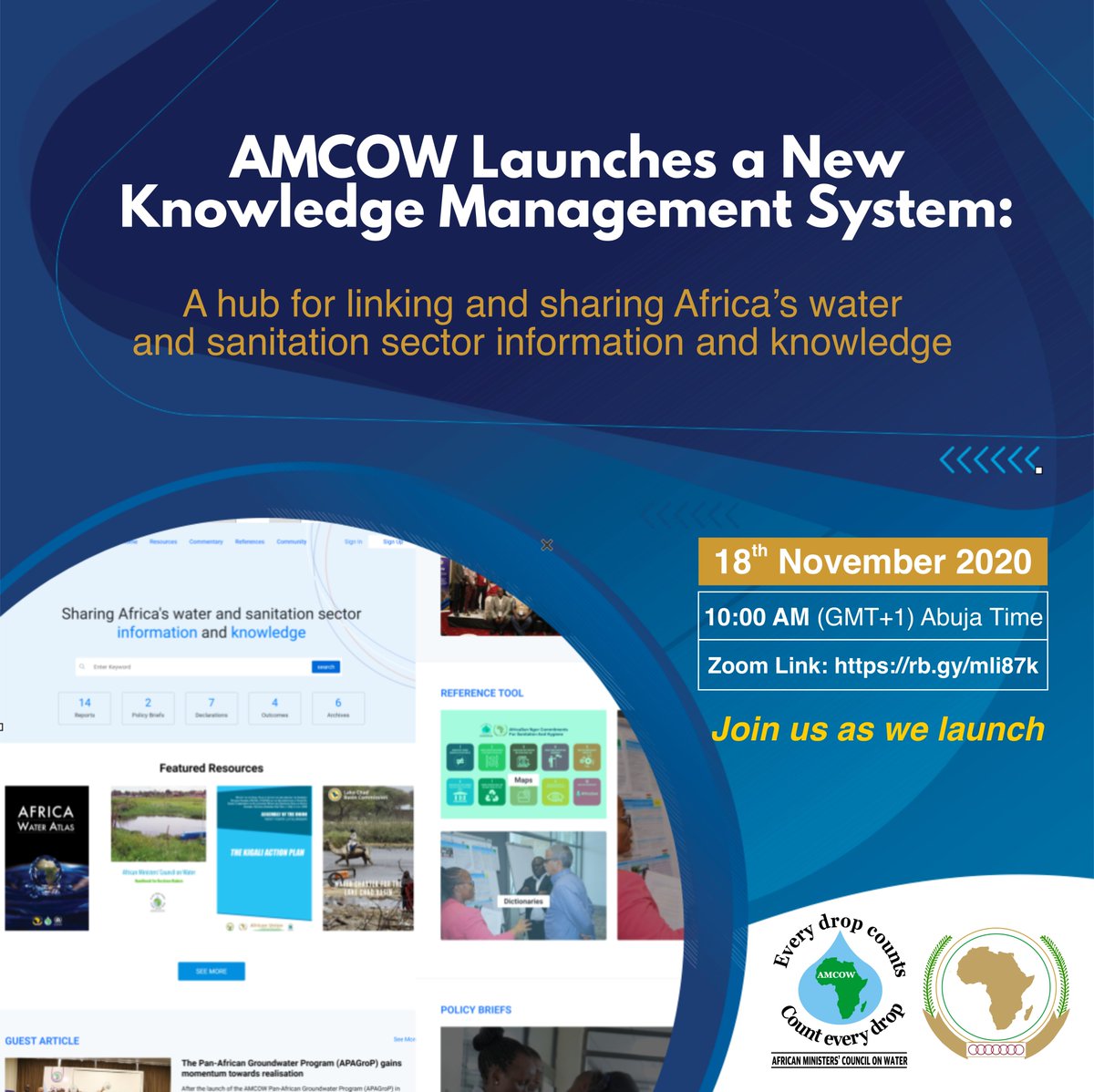 amcowafrica's tweet photo. Starting in just under ONE HOUR! The launch of #AMCOW hub of hubs.
Join here: https://t.co/08PpoYtCzv
@_AfricanUnion
@Sida
@WSSCCouncil
@AfDB_Group
#AfricaWaterFacility
@isdb_group
#RECs
#L/RBOs
#ANBOs
@NEPADWater
@gatesfoundation
@UN_Water
@IISD_news
#Others https://t.co/CQwnkF6g05