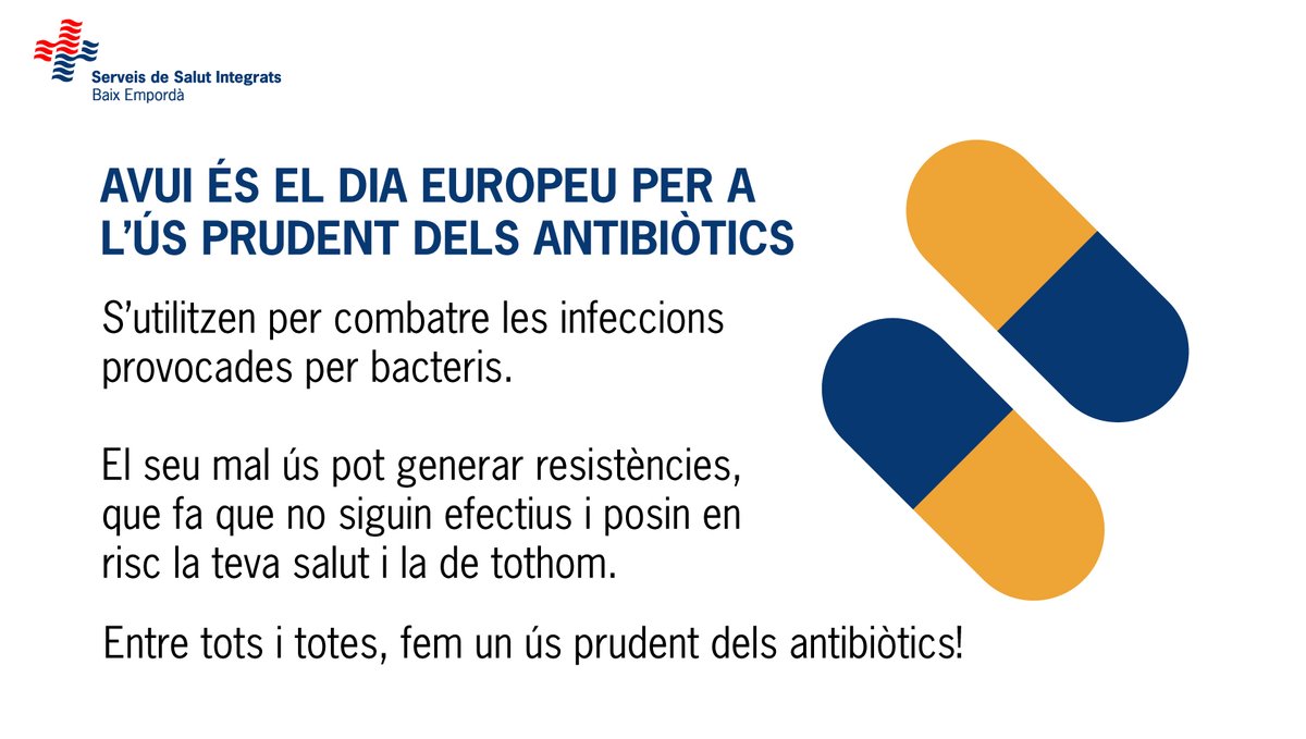 Avui és el Dia Europeu per a l’ús prudent dels antibiòtics

S’utilitzen per combatre les infeccions provocades per bacteris. El seu mal ús pot generar resistències, que fa que no siguin efectius i posin en risc la teva salut i la de tothom

#Antibiotics | #KeepAntibioticsWorking