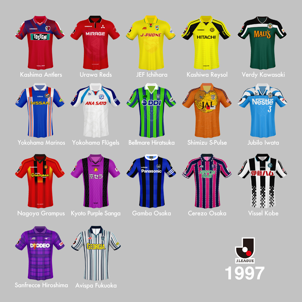 ともさん Tomosan サッカーユニフォームの世界 1997年jリーグユニフォーム一覧 1993年から続いたミズノ一社提供が終わり Jリーグユニフォームの第二の開幕の年と言っても過言ではない サプライヤー デザインともに各クラブの個性がさらに発揮された
