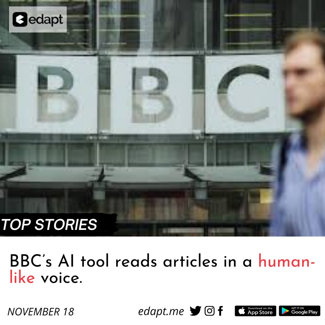 edapthere's tweet photo. BBC'c AI tool reads articles in a human like voice.

#BBC #AI #ArtificialIntelligence #wednesdaythought #text #Speech #MachineLearning #bbcnews  #AItools #edapt #edaptlearning https://t.co/WblZlcIaHz