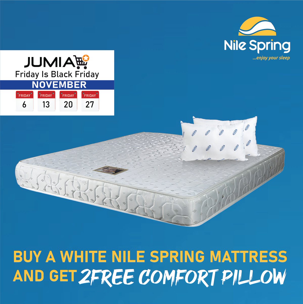 nilespringug's tweet photo. This Friday We are Giving You 2 FREE Comfort Pillows when you Buy a White Nile Spring Mattress offered during this Jumia Black Friday. #NileSpring #jumiablackfidays https://t.co/8tHJCLVEGU