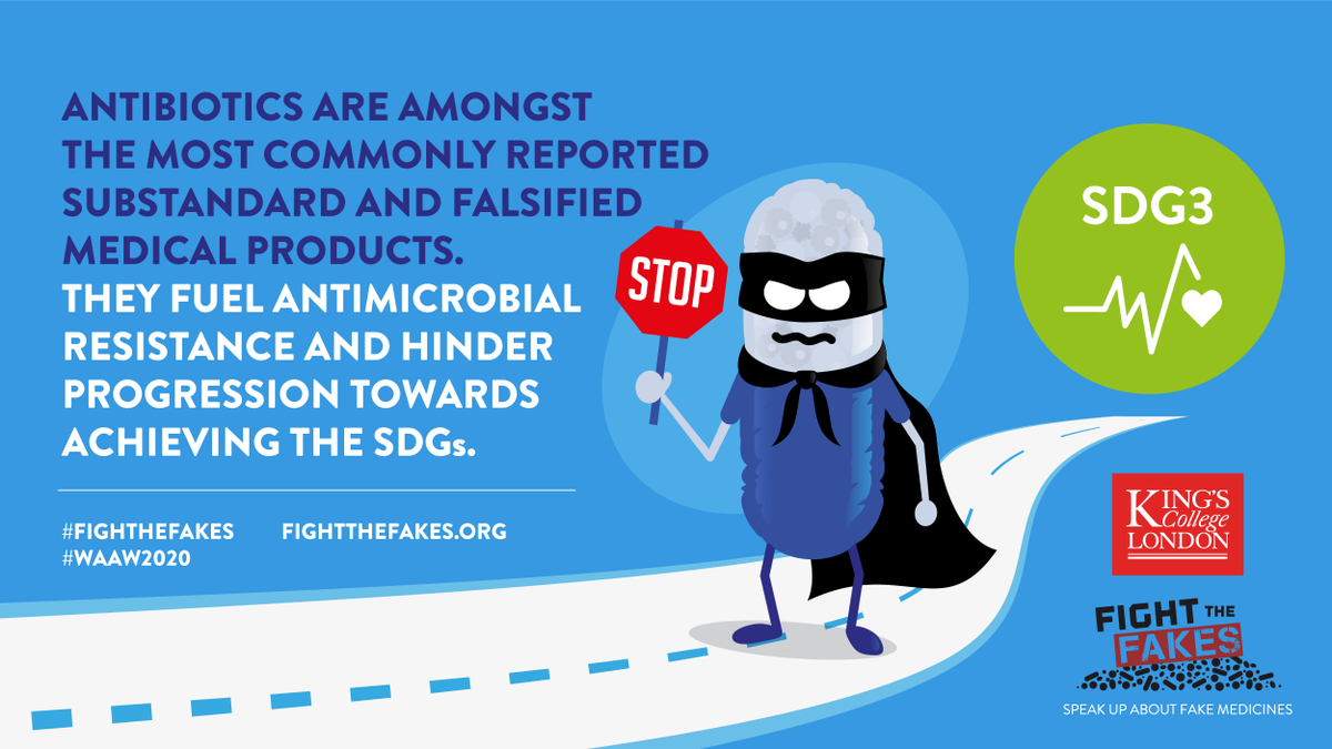 Rising levels of falsified #antibiotics fuel antimicrobial resistance. It is estimated that #AMR will be responsible for up to 10 million deaths by 2050 if swift action is not taken to #BeatAMR and #FightTheFakes. 
#WAAW2020 bit.ly/3majS1K