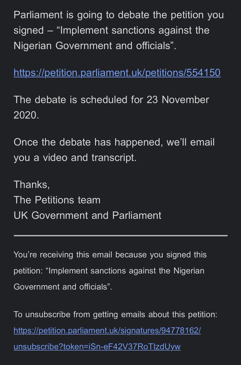 The UK Parliament will debate the Individual sanctions against Nigerian Government officials on the 23rd of November. Perhaps another day of protests in London! #EndSARS