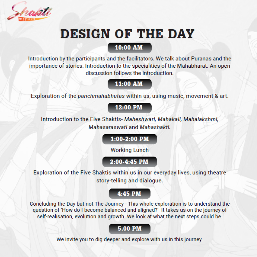 TheBridgeTalks's tweet photo. The Schedule for 'Shakti Within' is now up. Join us for an engaging day-long experience. See you soon! https://t.co/cUps3ytlDO