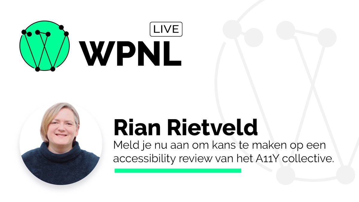 Als laatste spreker bij de volgende WPNL Live gaat <a href="/RianRietveld/">Rian</a> van @A11Ycollective enkele accessibility reviews doen. Meld je nu aan en vermeld bij je aanmelding welke site jij graag onder de loep zou willen leggen.

Aanmelden kan hier: wpnl.live

#WPNLLive