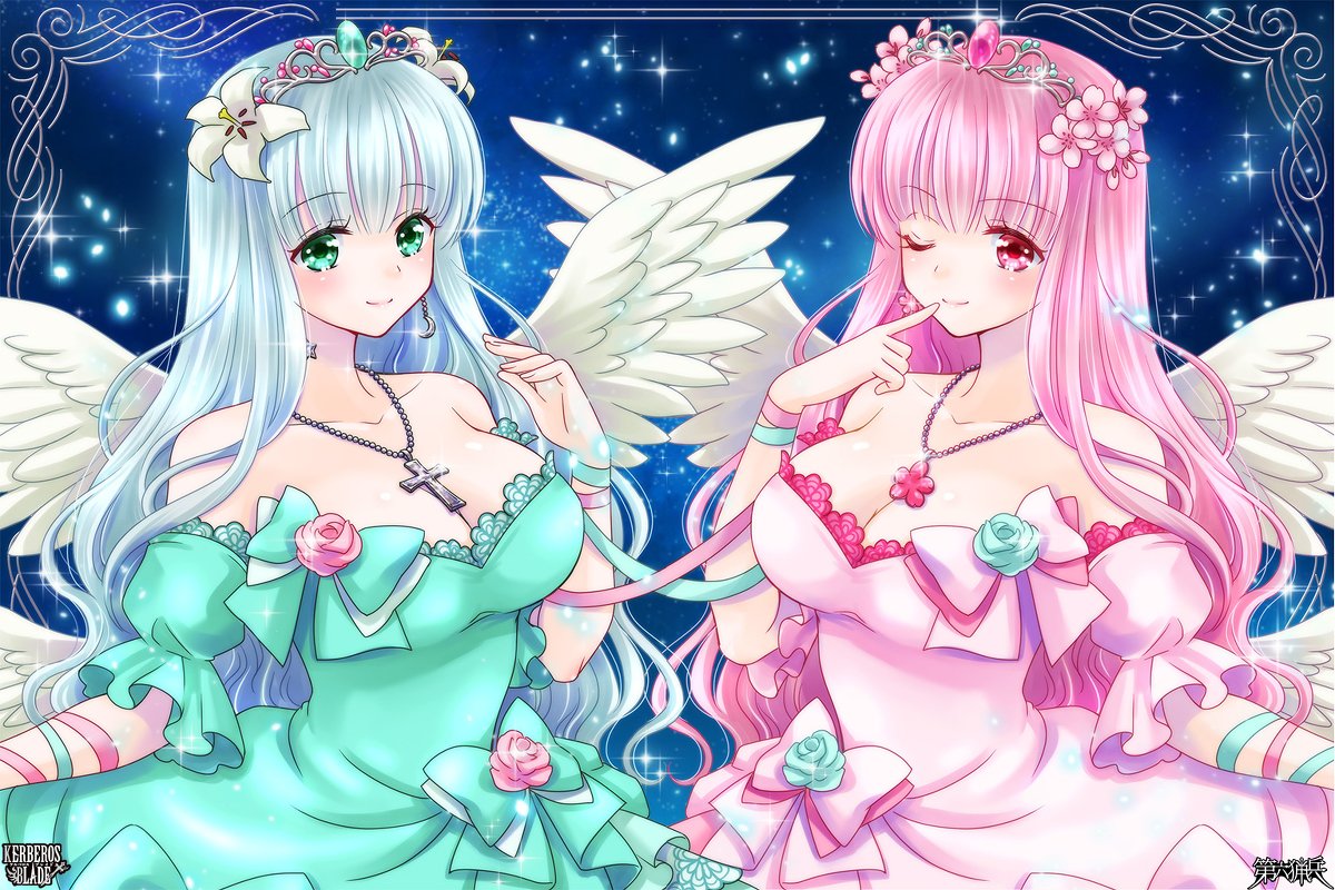 よしの 対天使 銀髪 女の子 おっぱい ドレス 巨乳 桃髪 天使 羽根 イラスト Illustration T Co Es3gsvkdyw T Co Vbfembueh3 Twitter