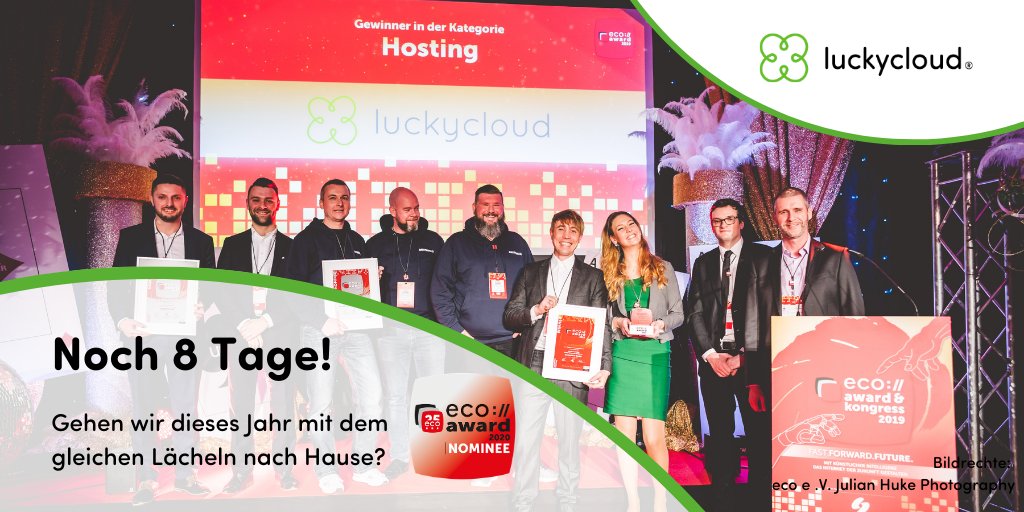luckycloudGmbH's tweet photo. Nach dem Sieg im letzten Jahr wurde #luckycloud erneut nominiert für den #ecoaward20 - dieses Mal mit luckycloud pro #Enterprise. 

Danke an @eco_de für die Mühe &amp; #Nominierung!

Weitere Informationen: https://t.co/baoG9suQDC

 #digital #ecoaward #nomination #cloud #hosting https://t.co/Sw9UWxVoUY