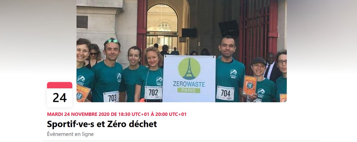 👟🥎🚴‍♂️Nous sommes heureux de vous annoncer le lancement du tout premier webinaire Sport et #zerodechet destiné au grand public ! 

Rendezvous le 24 novembre pour devenir un.e sportif.ve écoresponsable 

cc <a href="/ZeroWasteFR/">Zero Waste France</a>
<a href="/Maison_ZD/">La Maison du Zéro Déchet</a>

facebook.com/events/7267234…