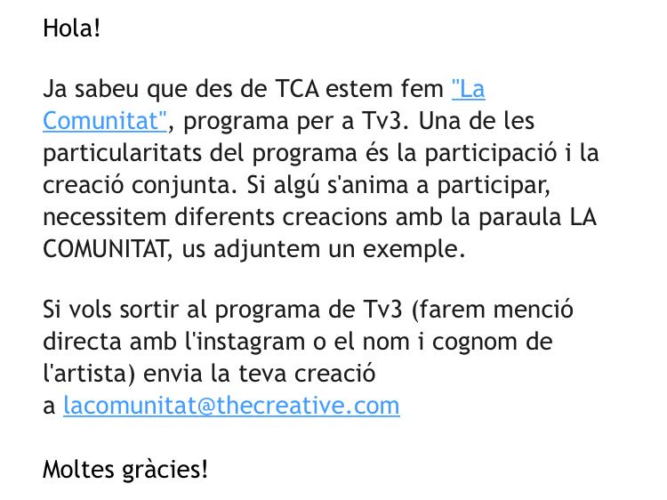 Amb el que ja tenim a cultura, només ens faltava la <a href="/BibianaBallbe/">Bibiana Ballbè</a> i la seva gent de <a href="/thecreative_net/">thecreative.net</a> demanant feina gratis a canvi de promoció a <a href="/tv3cat/">TV3 és ara @Som3Cat</a> 

#LaComunitatTV3