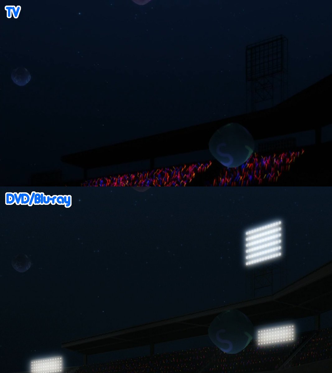 (2/6) The strobe lights are changed, along with the glow sticks and some lights are turned on in the DVD/Blu-ray version (Note: I didn't screencap all of the glow stick changes since that would make too long. Just go in assuming that every shot involving them were changed XD.)