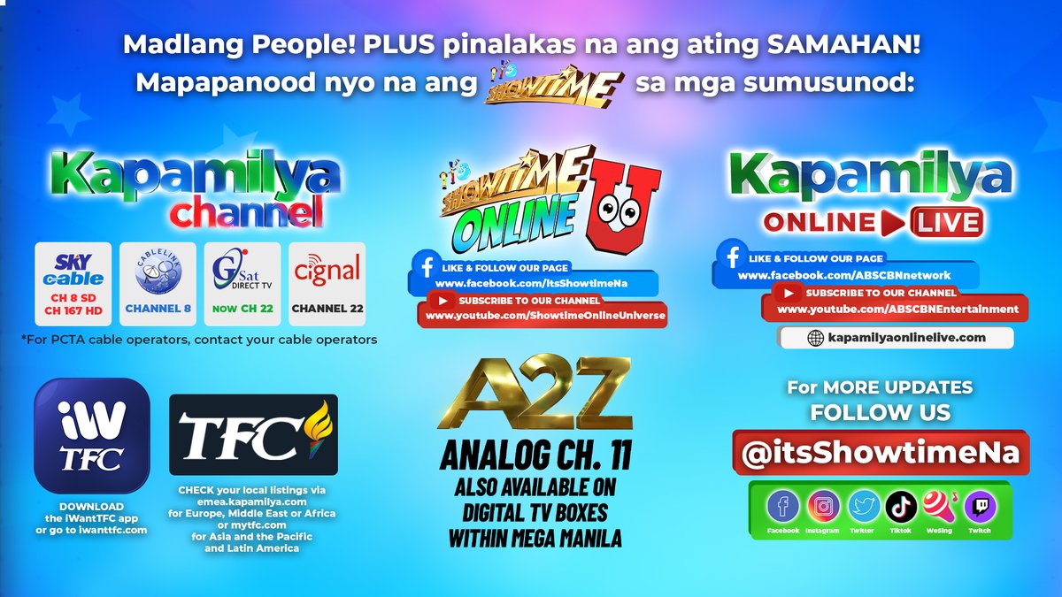 itsShowtimeNa's tweet photo. ⭐️ Madlang People! PLUS pinalakas na ang ating SAMAHAN dahil mapapanood nyo na ang Showtime sa mga sumusunod na Kapamilya platforms. Kitakits! #ShowtimePlusMalakas 

SUBSCRIBE NA!
➡️ https://t.co/N5ULKexlmd
➡️ https://t.co/zZgHxAFLOv https://t.co/ramq6JoWht