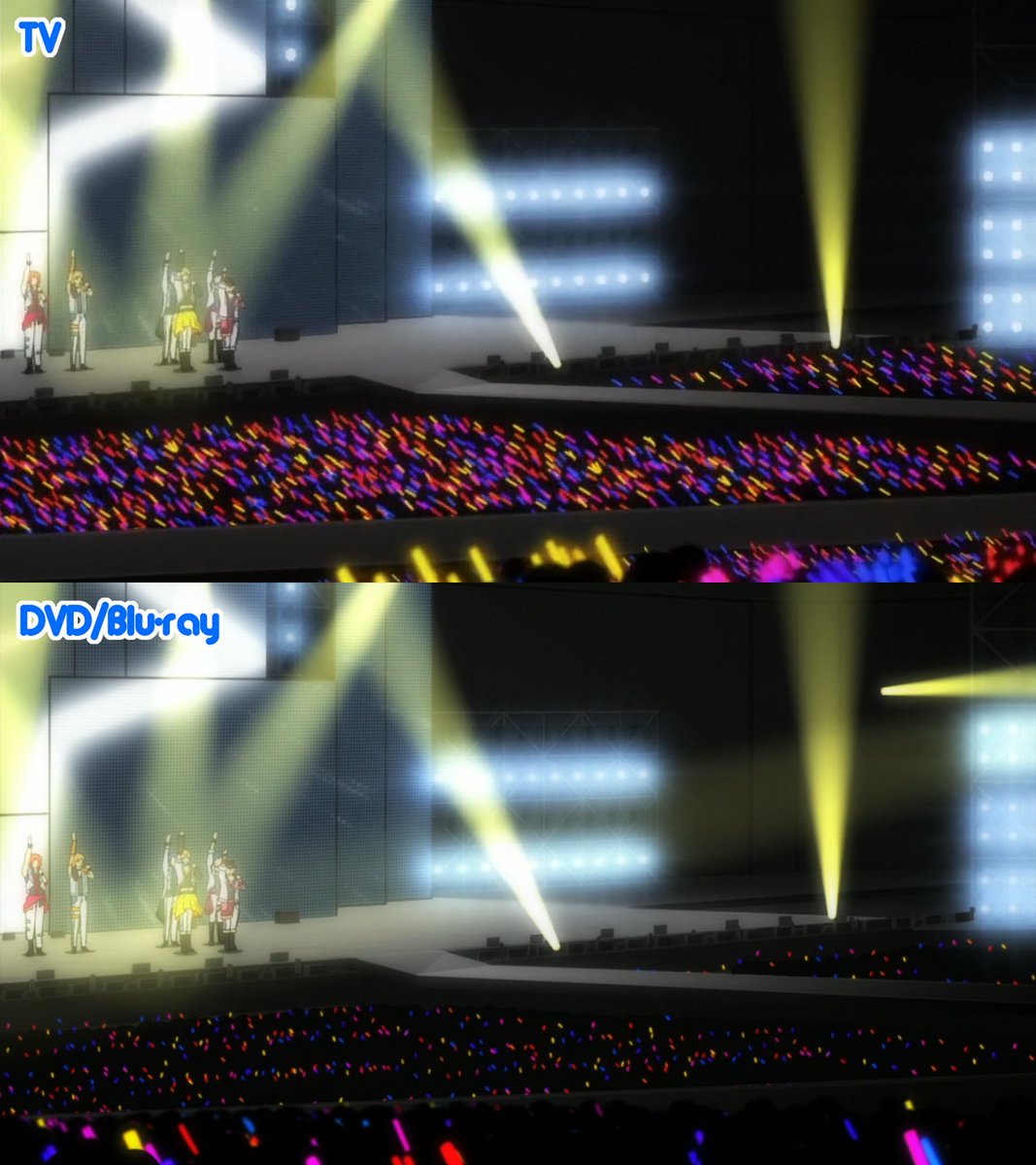 (5/6) More glow stick changes (1st pic), the screen pixel shape behind Otoya is changed (2nd pic), there were some touch-ups in Otoya, Tokiya and Masato's scene (3rd pic) and there were some lighting effect fixes (last pic).