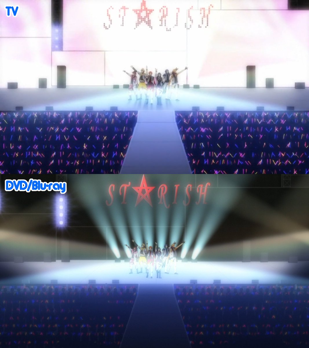 (4/6) Syo was too zoomed in, so he was redrawn (1st pic). The background of some scenes were changed (2nd & 3rd pic). The whole group was redrawn (3rd pic) and Tokiya is redrawn during the 2nd part of the scene involving the 4th pic (the part where he sings).