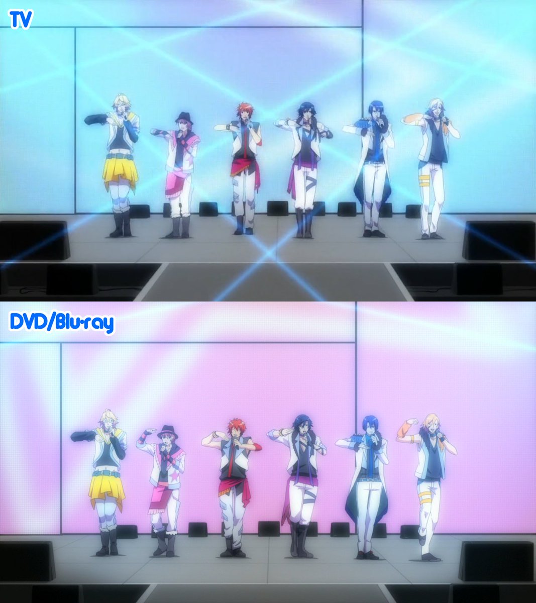 (4/6) Syo was too zoomed in, so he was redrawn (1st pic). The background of some scenes were changed (2nd & 3rd pic). The whole group was redrawn (3rd pic) and Tokiya is redrawn during the 2nd part of the scene involving the 4th pic (the part where he sings).