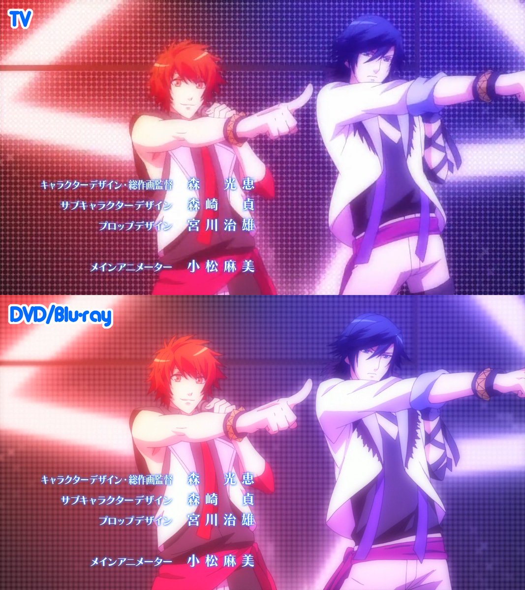 (4/6) Syo was too zoomed in, so he was redrawn (1st pic). The background of some scenes were changed (2nd & 3rd pic). The whole group was redrawn (3rd pic) and Tokiya is redrawn during the 2nd part of the scene involving the 4th pic (the part where he sings).