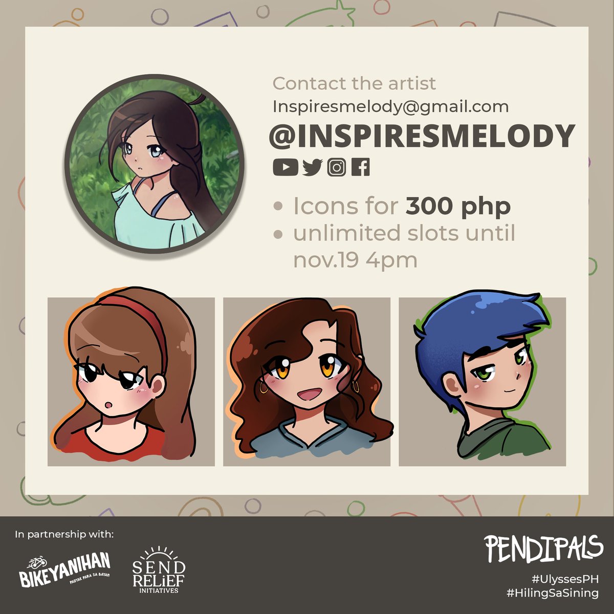 Melody_inspires's tweet photo. #UlyssesPH Commissions OPEN
Hi I'm Melody Inspires, an artist for #HilingSaSining If you're interested at my works please fill in the form below! All proceeds will be donated to our partnered donation drives (Bikeyanihan and Send Relief Initiatives) :)
https://t.co/ef5C26zDqE https://t.co/jkQN6TWVCB