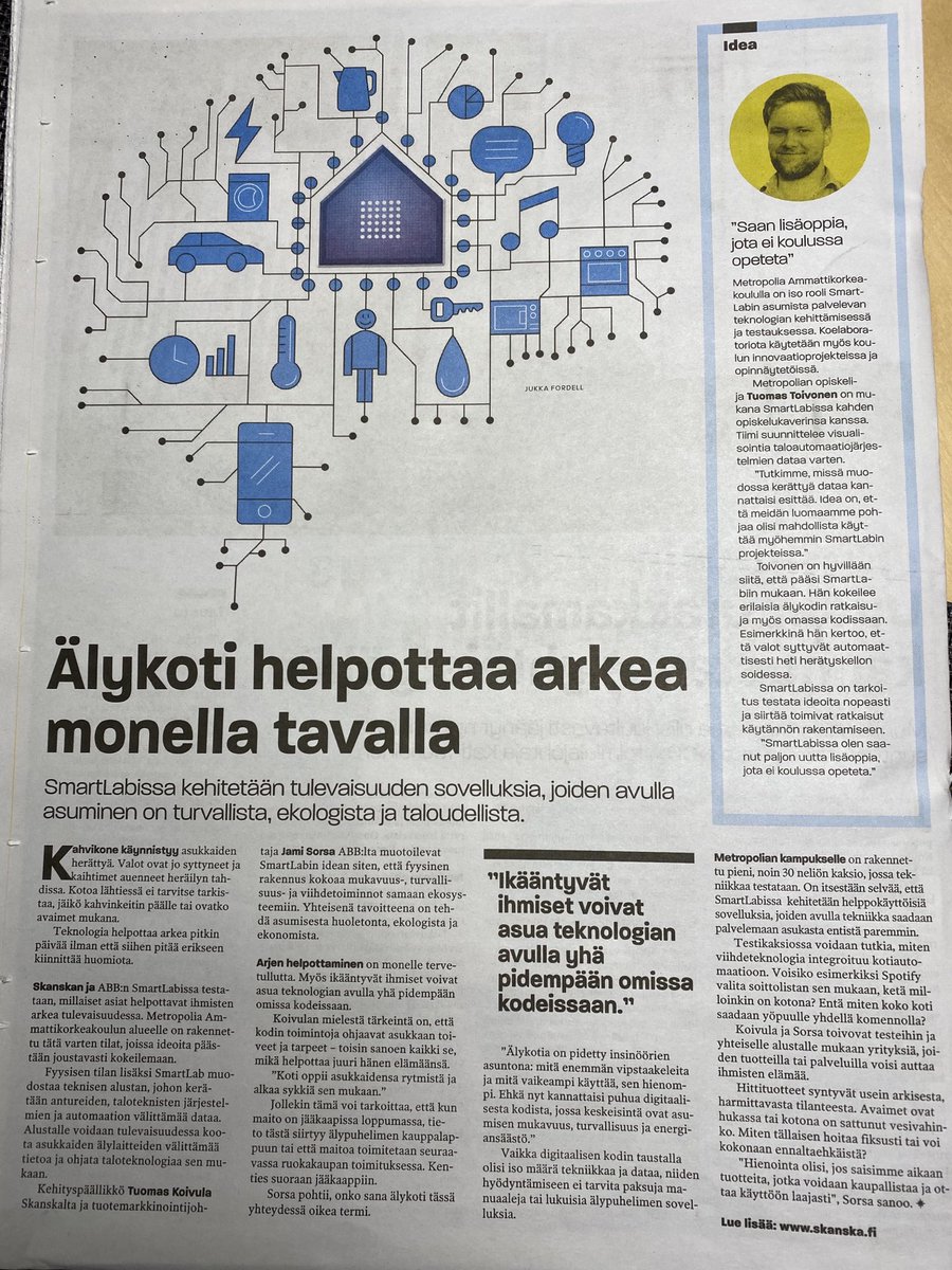 Tervetuloa testaamaan asumisen digituotteita Metropoliaan! Toimivien IoT:n ekosysteemien rakentaminen onnistuu yritysyhteistyöllä #Skanska #ABB #Metropolia #hippahanke