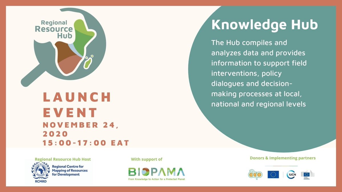 IucnE's tweet photo. Participate in the launch of the Regional Resource Hub #ESAhubRRH and make use of the Eastern and Southern Africa Knowledge Hub #BIOPAMA  @IUCN_PA @EUinKenya @EuropeAid @PressACP 
Register here: https://t.co/xjUdxTjd0S https://t.co/469XUO5n7H