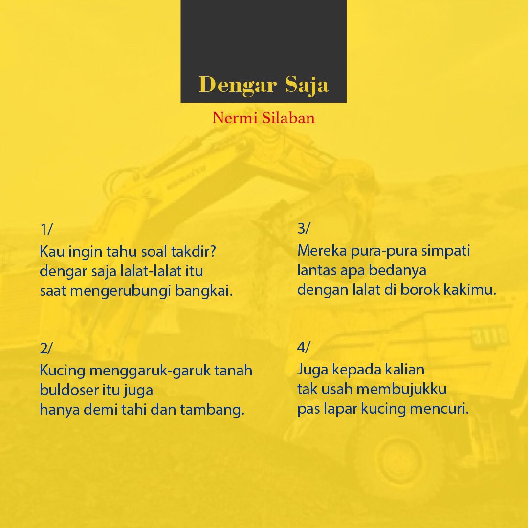 NermiSilaban's tweet photo. Dengar saja. Ya, dengar saja....
#puisi #haiku #takdir #lalat #kucing
#buldoser #simpati #borok #membujuk #kucinglapar #lapar
#mencuri https://t.co/gvgez7bXOb