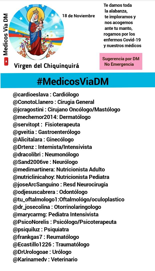 Ecastillo1226's tweet photo. Feliz Dia de la Chinita ! 
Lista actualizada para el día 18/11/20 de los Médicos y Lic. Para  Sugerencias por DM que no sean Emergencia.  
Nuestra actividades son Gratuitas! 
Suscribete a nuestro canal por YouTube Medicos via DM Activa la campanita y compártela 
#MedicosViaDM https://t.co/HSheWbbNy0