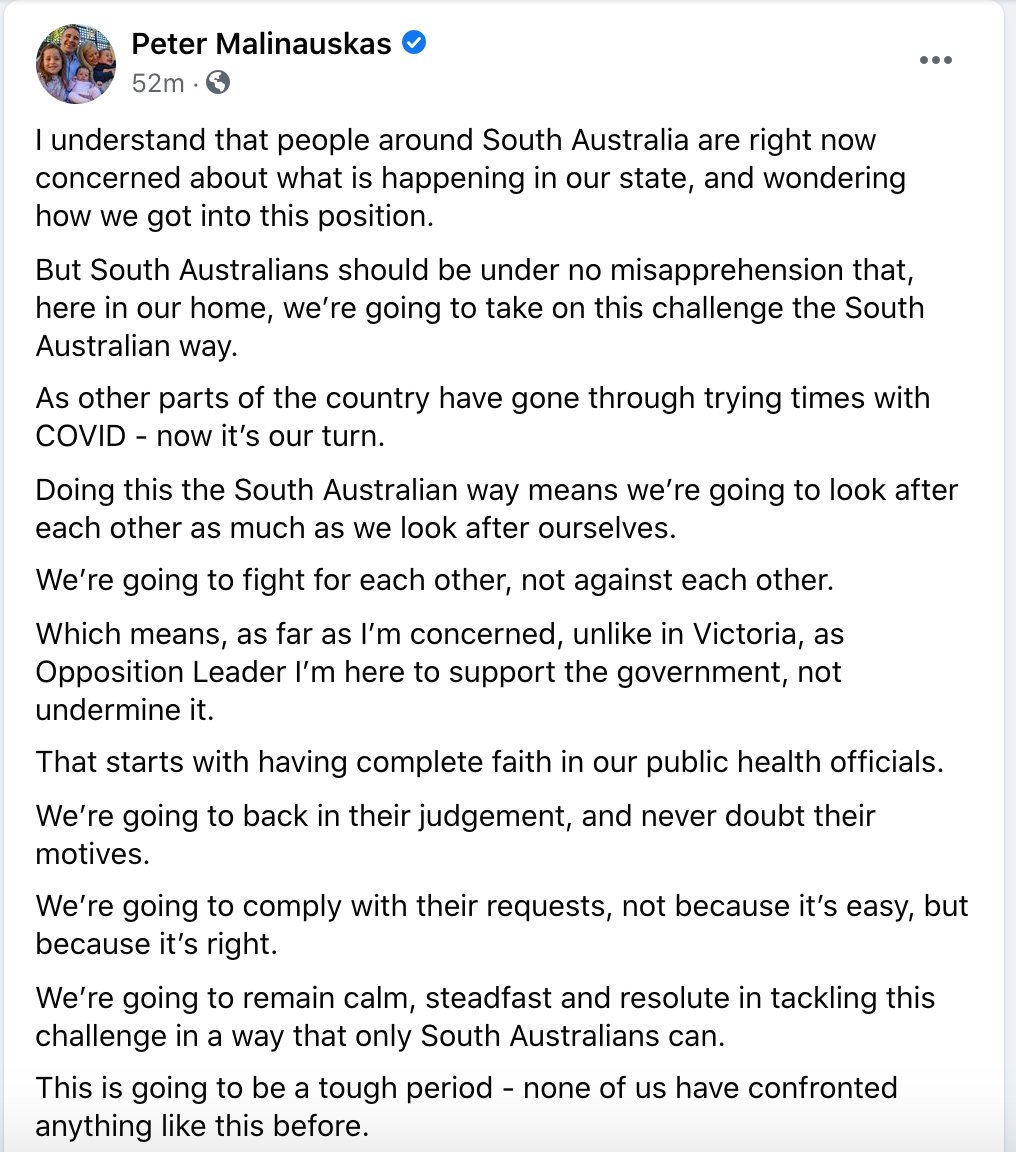 JoshButler's tweet image. statement from SA opposition leader Peter Malinauskas, striking a different tone to some politicians lately:

&quot;We’re going to fight for each other, not against each other.... unlike in Victoria, as Opposition Leader I’m here to support the government, not undermine it&quot;