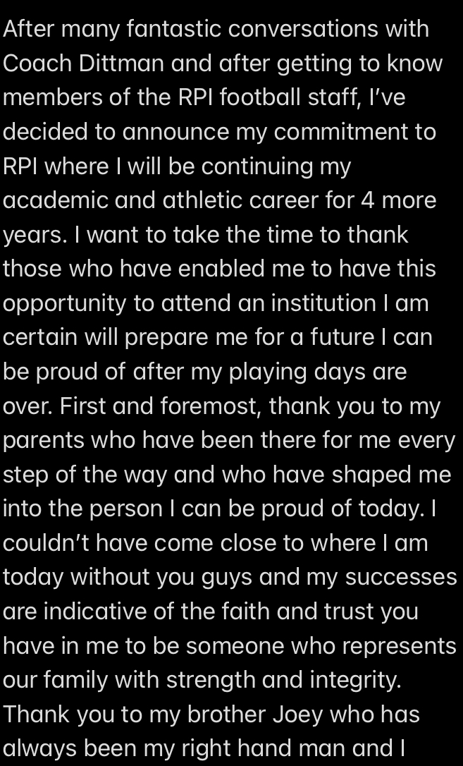 Des_Vontobel's tweet photo. After many fantastic conversations with Coach Dittman and along with other members of the RPI football staff,  I’m proud to announce my commitment to @RPIFootball  where I'll look to continue both my academic and athletic career. Thank you to all who have been by my side. #REDFAM https://t.co/EA3vJYmvsA