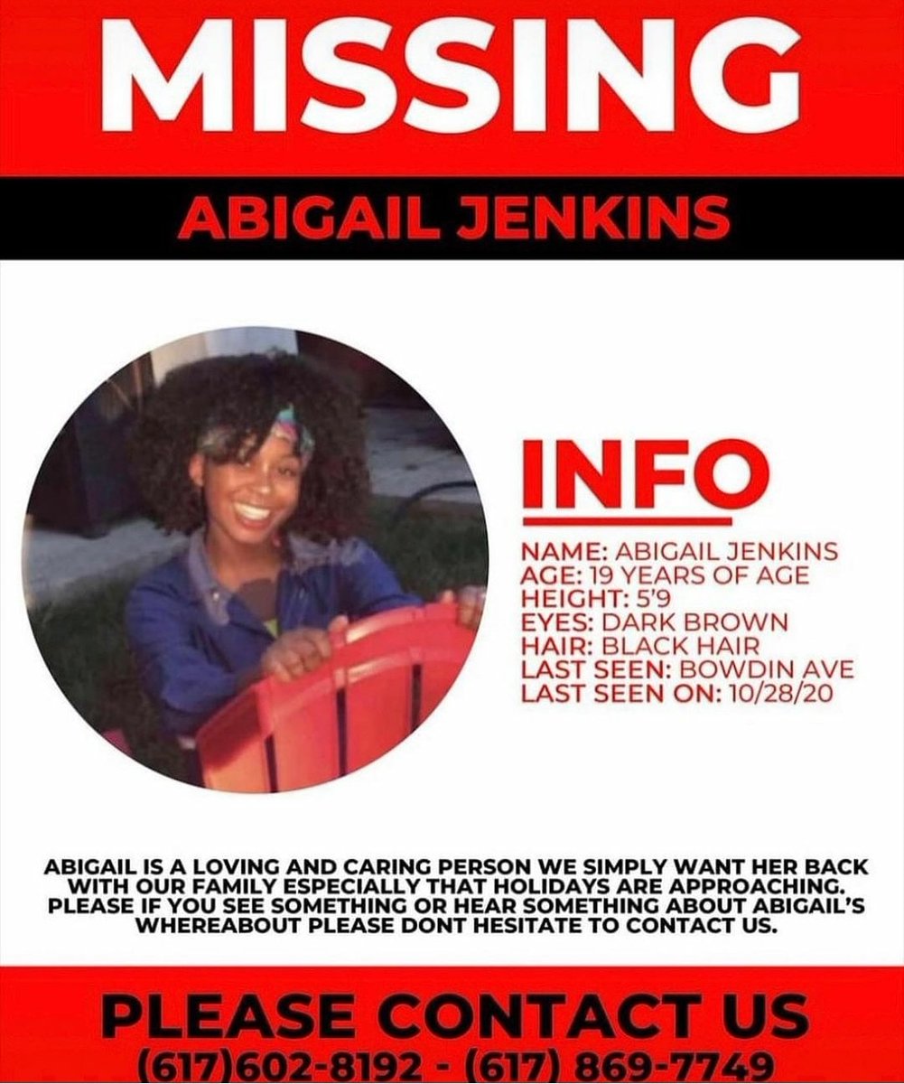UTMinorityAware's tweet photo. 🚨PLEASE RETWEET! HELP US FIND ABIGAIL JENKINS - THIS 19-YEAR-OLD HAD BEEN MISSING FROM BOSTON SINCE OCT. 28, 2020🔍#bringabihome #findabigail 
#findourmissingpoc #GoViral #knowledgeispower #blm #dorchester #boston #speakup #missingwoman #missing #BLACKLIVESMATTER https://t.co/LDcBmslPz6