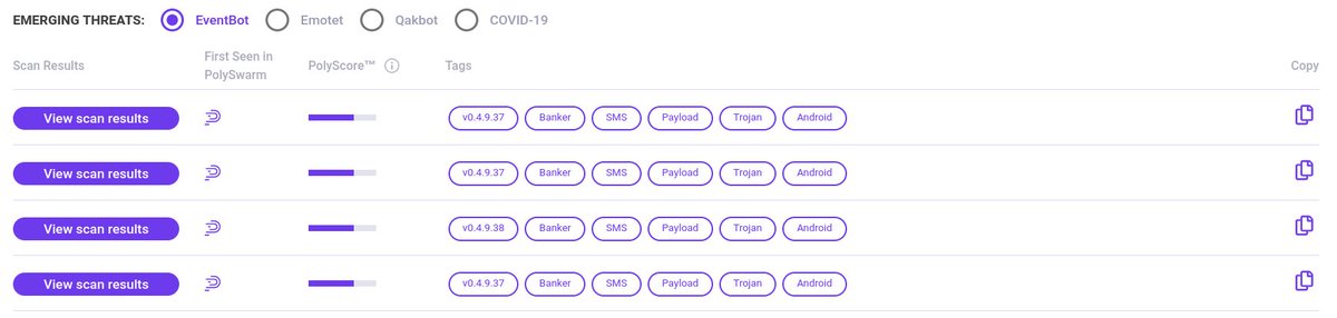 PolySwarm's tweet image. Just uploaded 4 new #EventBot samples from the new versions of this malware family (0.4.9.37 and 0.4.9.38). Check out our public feed ! polyswarm.network