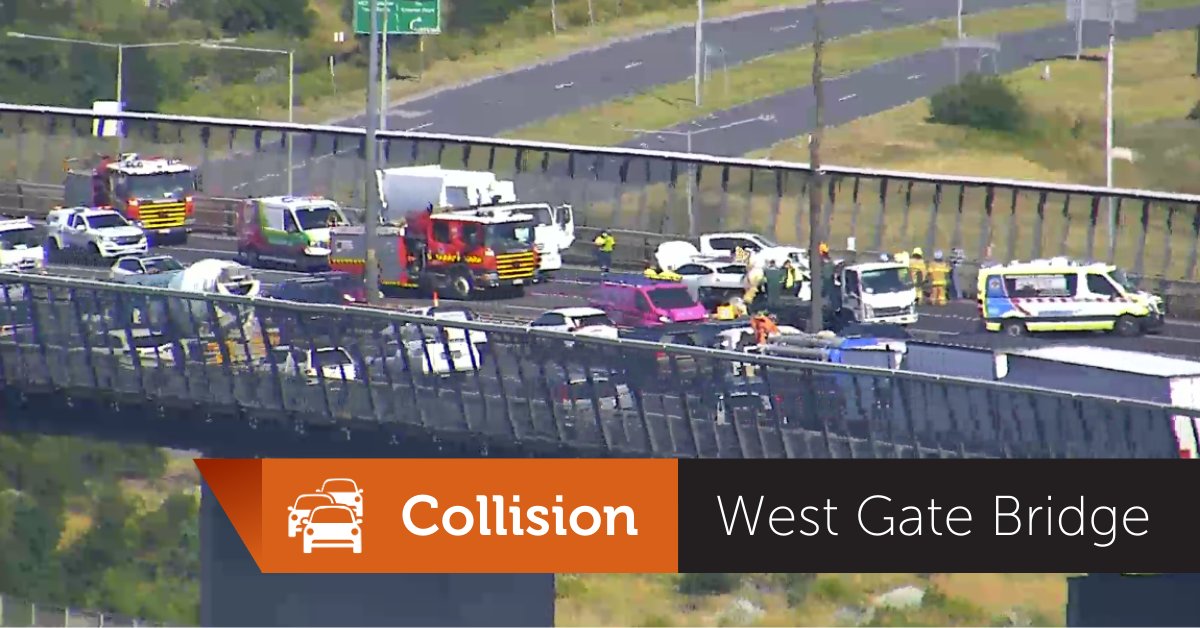 VicTraffic's tweet image. Four lanes are closed on the West Gate Bridge outbound, due to a serious collision. One lane remains open with delays building rapidly. Consider using Footscray or Dynon roads through Footscray, returning to the freeway via Williamstown Road or Geelong Road. #victraffic