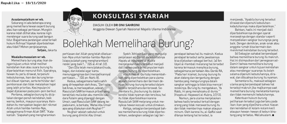 onisahronii's tweet photo. *Bolehkah Memelihara Burung?*

(Koran Republika, Rabu/18 November 2020, hal 10, Konsultasi Syariah ke 317, Hadir setiap Senin, Rabu &amp; Jumat). https://t.co/qHNxx7x9Pa