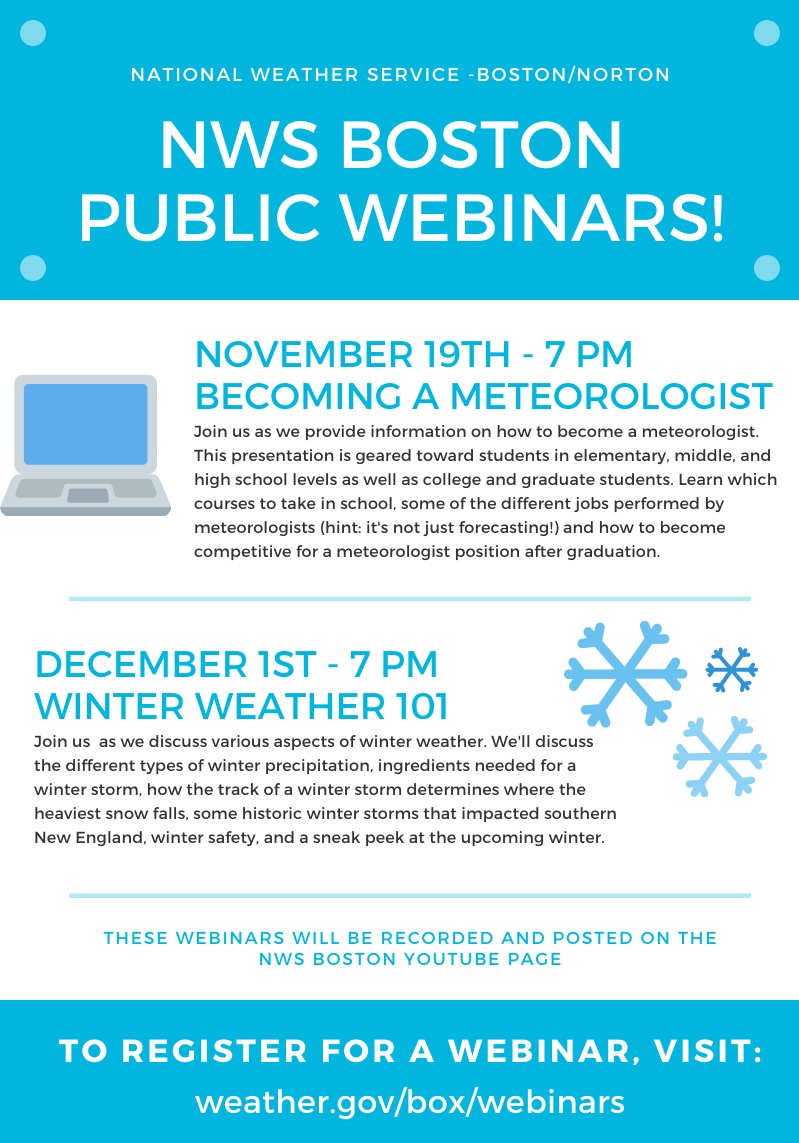 NWSBoston's tweet photo. Calling all students, or anyone interested in pursuing a career in meteorology! Join us tomorrow for a webinar called Becoming a Meteorologist, Thursday evening at 7 💻 https://t.co/X794PHXSHw