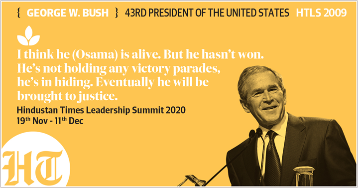 htTweets's tweet photo. #HTLSOverTheYears hosted global leaders and has been the stage for thoughtful discussions
In 2009, former US president George Bush shared his views about terrorism and fight against it
Register for #HTLS2020 to witness conversations for #DefiningANewEra https://t.co/qrmiZ9Bgio https://t.co/I23qRp8N74