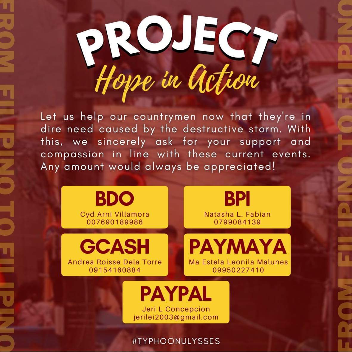 ProjectHIA's tweet photo. KNOCKING ON YOUR HEARTS!!

We, a group of students, organized a fundraiser event for our fellow Filipinos that are affected by the recent typhoon.

Let us extend our help by donating, whether small or big; any amount would be a great help! https://t.co/2UxYE60LZJ
