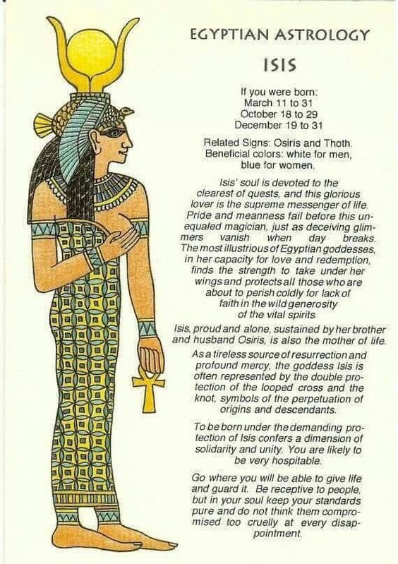 What’s your Egyptian Zodiac Sign?Osiris:3/1-1011/27-12/18Isis:3/11-3110/18-2912/19-31