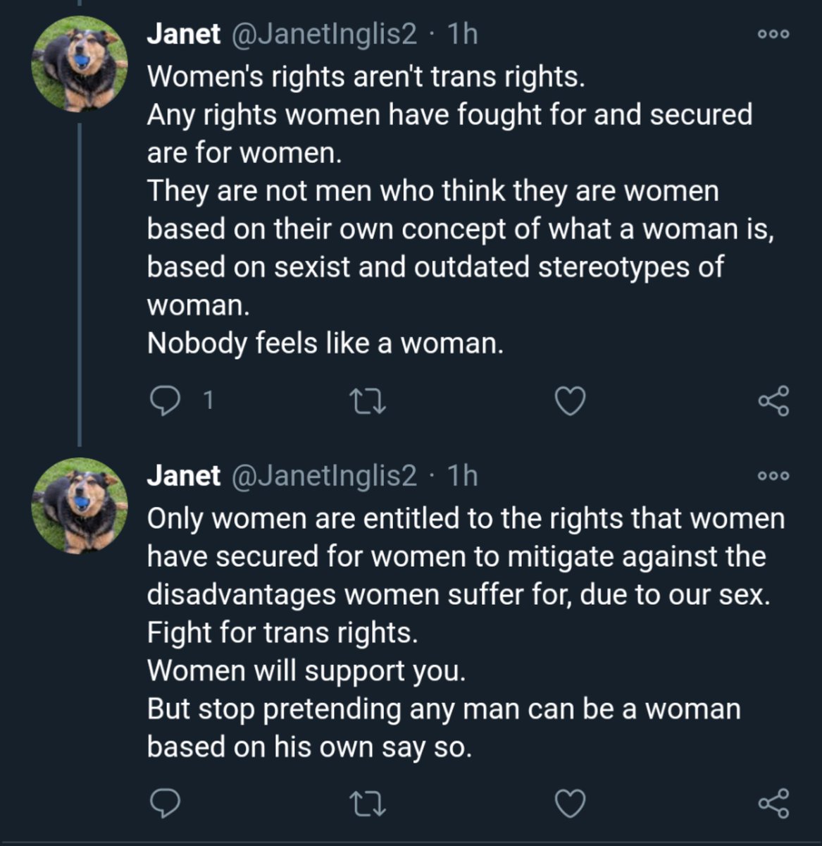 Since all my tweeting work on behalf of  #TransAwarenessWeek , I've been getting lots (lots) of notifications from cranky trans males. So I've decided to start a tweet chain of my responses to their very cranky tweets. I'll pin it to my profile for your ease of reference.1/?
