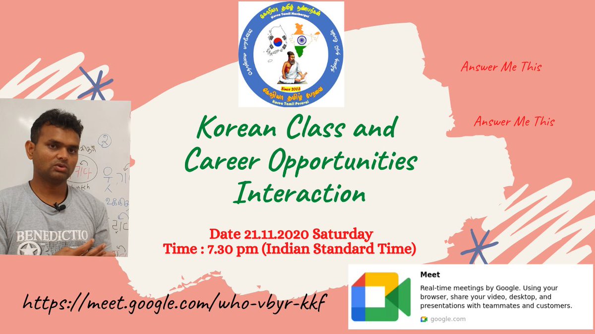 Korean Class and Career Opportunity Interaction

meet.google.com/who-vbyr-kkf

Saturday 21st November
7.30 pm onwards Indian Standard Time