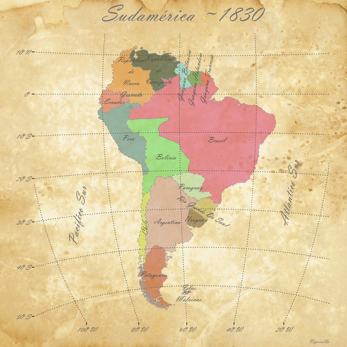 #30DayMapChallenge Día 17:  Histórico. Dejo este mapa estilo vintage de las fronteras en Sudamérica alrededor de 1830.

Hoy también georeferencié un mapa en QGIS, creo que es mi nuevo pasatiempo 🗺️

#RStats #rspatial 

Código: github.com/sporella/30day…
