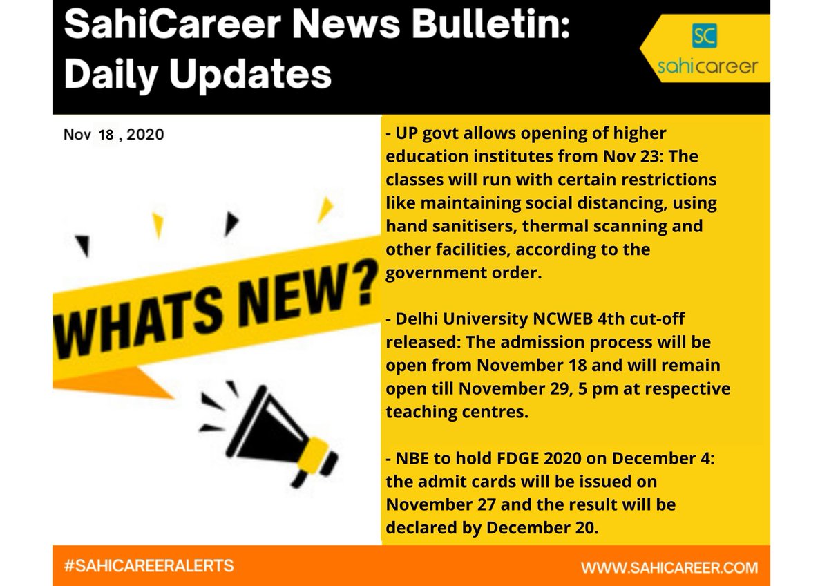 SahiCareer's tweet photo. Read through our daily News Bulletin!
#newsahicareer #SahiCareer #education #UttarPradesh  #delhiuniversity #admisión2020 #news #NewsUpdate  #newsletter #NBE #dental #dentistry #Dentist #job #jobseekers #careers #careerdevelopment #careercoach #careerdevelopment #careerchange https://t.co/5KYy276SdG