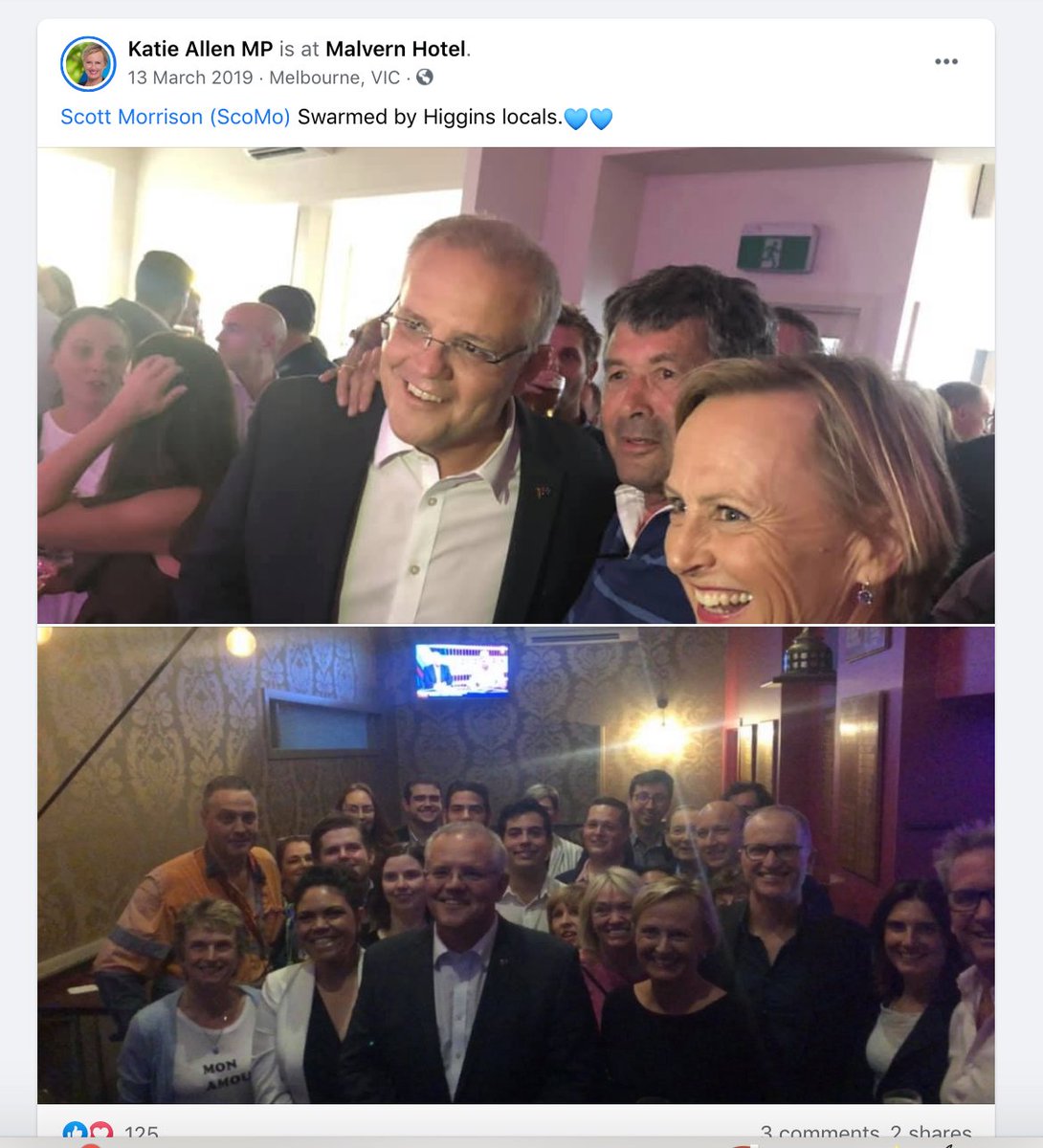As of course was Lib MP Katie Allen who happened to randomly find herself at - guess where? - the Malvern Hotel with Scott Morrison last year just before the federal election. And posted about it all on Facebook in a very random, and totally uncoordinated fashion.