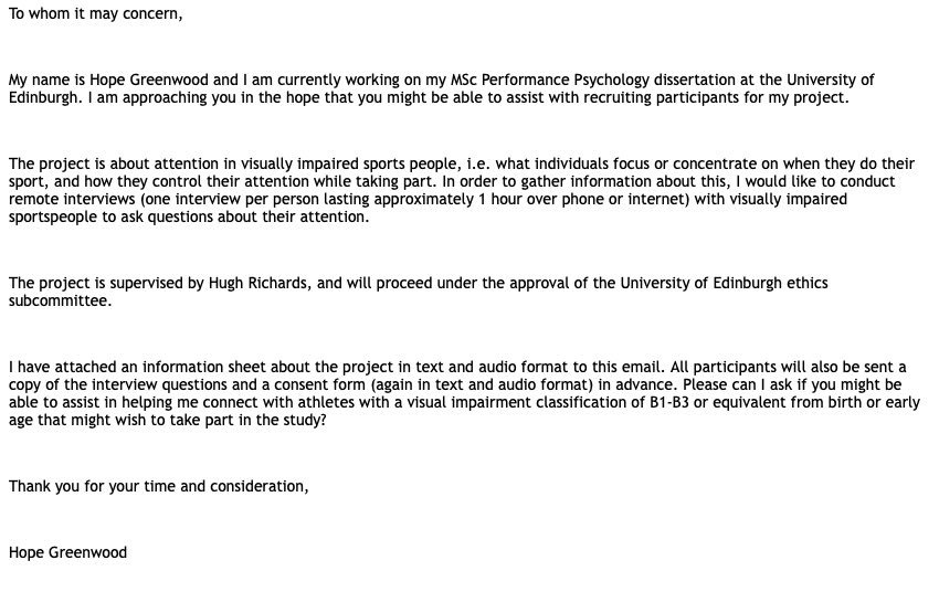 PSFLUK's tweet image. Hope Greenwood is working on MSc Performance Psychology dissertation at University of Edinburgh about attention in visually impaired sports people, i.e. what they focus or concentrate on when they do their sport, and how they control their attention.
h.l.greenwood@sms.ed.ac.uk