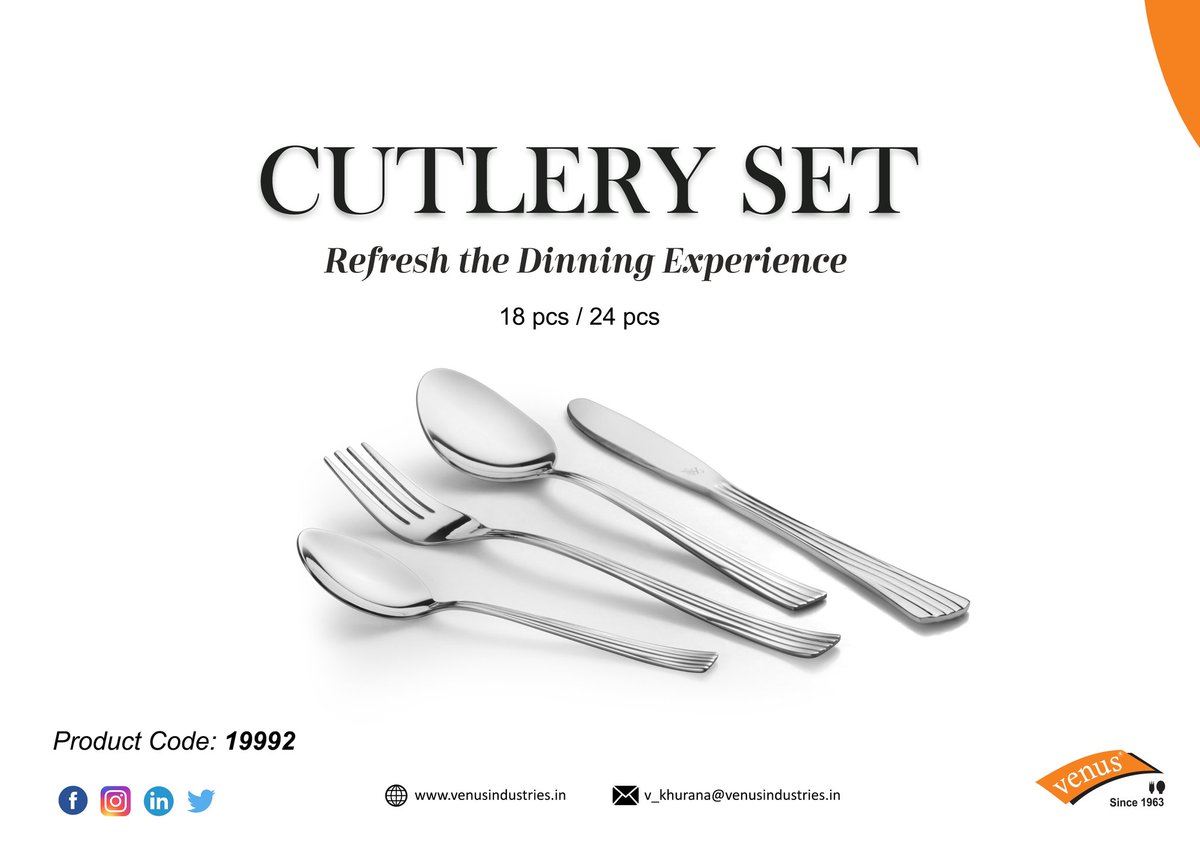 VenusIndustry's tweet image. Cutlery matters!!
Enhance the dinning experience of the food served with specially designed Cutlery Set by Venus. 

A set to make your dinning complete!! 

Cutlery Set of 18pcs / 24pcs
Product Code: 19992

#cutlery #indiasbest #cutlerydesign #venusindustries