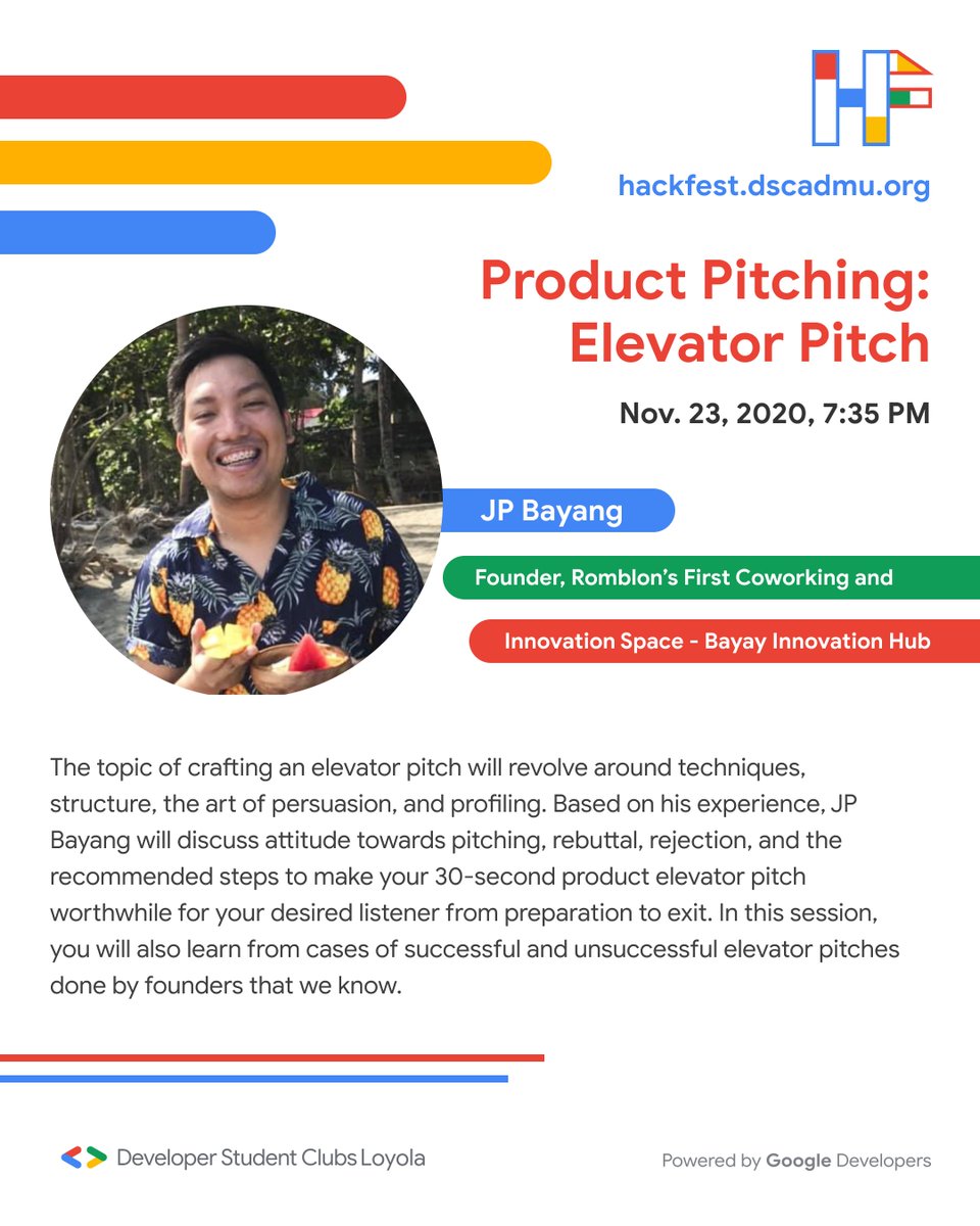 GDSCLoyola's tweet photo. Here are the next FOUR webinars that will touch on topics such as product pitching, web development, Flutter, and Firebase!
Register and learn more at https://t.co/ml2dS7g4zv!
#DSCLoyola
#DSCAdMU
#DSCLHackFest
#HackItWithDSCL https://t.co/ufVcky3rbX