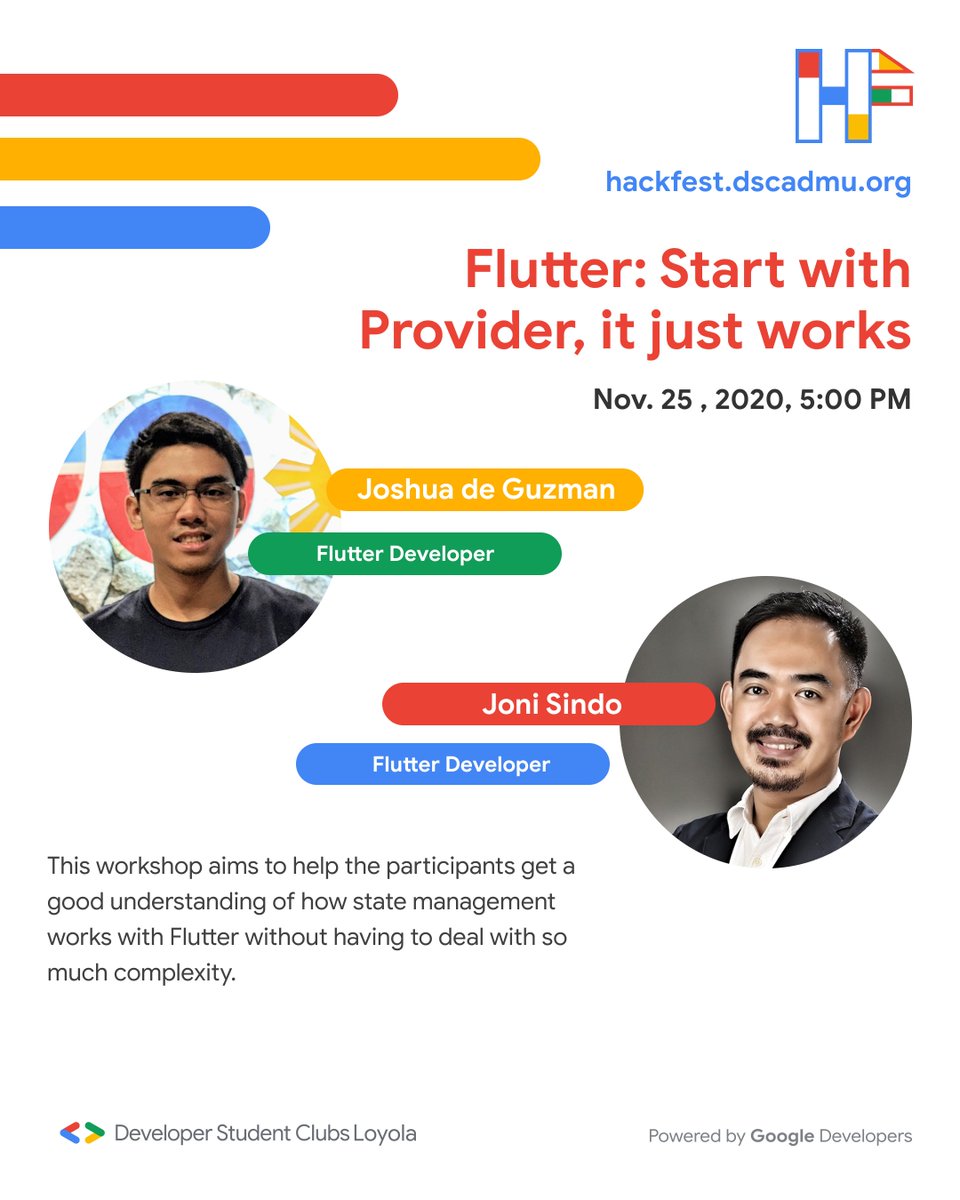 GDSCLoyola's tweet photo. Here are the next FOUR webinars that will touch on topics such as product pitching, web development, Flutter, and Firebase!
Register and learn more at https://t.co/ml2dS7g4zv!
#DSCLoyola
#DSCAdMU
#DSCLHackFest
#HackItWithDSCL https://t.co/ufVcky3rbX