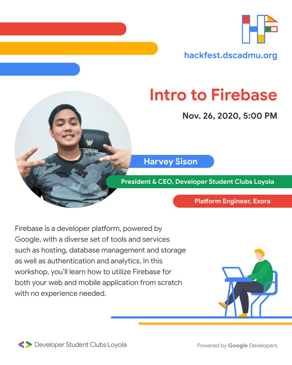 GDSCLoyola's tweet photo. Here are the next FOUR webinars that will touch on topics such as product pitching, web development, Flutter, and Firebase!
Register and learn more at https://t.co/ml2dS7g4zv!
#DSCLoyola
#DSCAdMU
#DSCLHackFest
#HackItWithDSCL https://t.co/ufVcky3rbX