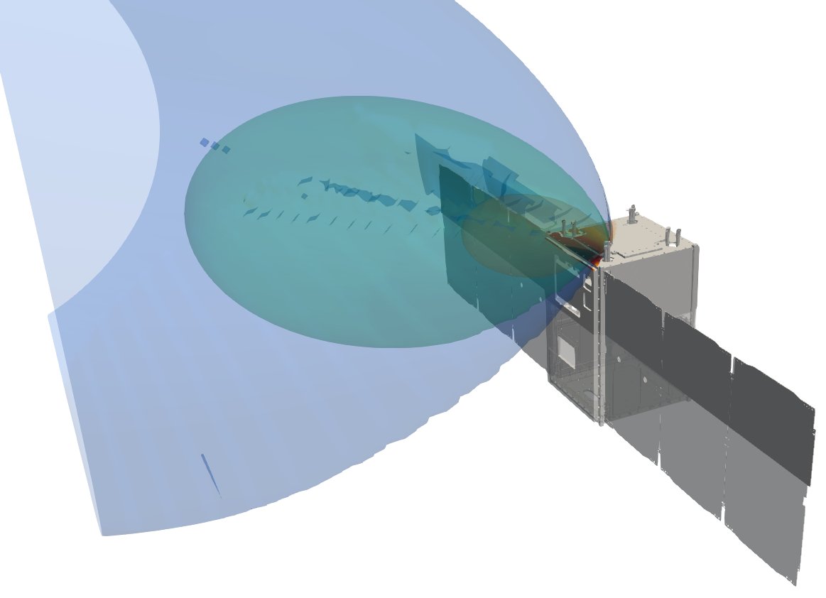 particleincell's tweet photo. While our contamination program CTSP is primarily a free-molecular particle-tracing code, it can also be used with analytical plume models. Here it is used to study plume impingement on a generic 12U #Cubesat utilizing Stellar Exploration Inc. propulsion system. ~1min run time. https://t.co/rT7IDWgDLG