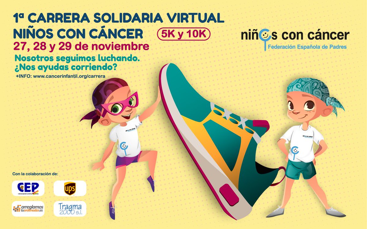 salud_aragon's tweet photo. Ya puedes inscribirte en la I #CarreraSolidaria 🏃🏽Virtual NIÑOS CON #CÁNCER que se celebrará los días 27, 28 y 29 de Noviembre en toda España. 

📋Inscripciones e info👉🏽https://t.co/WI5BKPLLLk

Ellos siguen luchando 💪🏽, ¿los ayudas corriendo?  💚🌈
#CáncerInfantil #Investigación https://t.co/SxlHHFYjCF