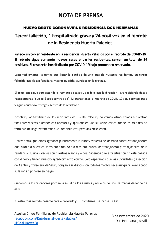 ResiHuertaPa's tweet photo. NUEVO BROTE CORONAVIRUS RESIDENCIA DOS HERMANAS

Tercer fallecido, 1 hospitalizado grave y 24 positivos en el rebrote de la Residencia Huerta Palacios. https://t.co/UAxhbC6VBc