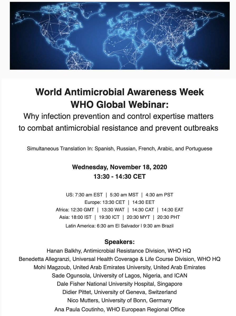Join the <a href="/WHO/">World Health Organization (WHO)</a> Global webinar #AntimicrobialResistance #WorldAntimicrobialAwarenessWeek #WAAW on Wednesday 18 November 2020 1.30-2.30PM CET. #infectionprevention and control expertise matters 
to combat antimicrobial resistance &amp; prevent outbreaks echo.zoom.us/webinar/regist…