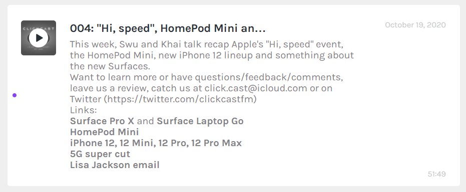 clickcastfm's tweet photo. As #HomePodmini deliveries start to flow through and land on store shelves, check out #004 of #ClickCast for our take and why it might be a hit
#Apple @Pcast_ol #PodcastRecommendations #podcasts
https://t.co/QpS1FkSJNj https://t.co/0JaOwiPyU4